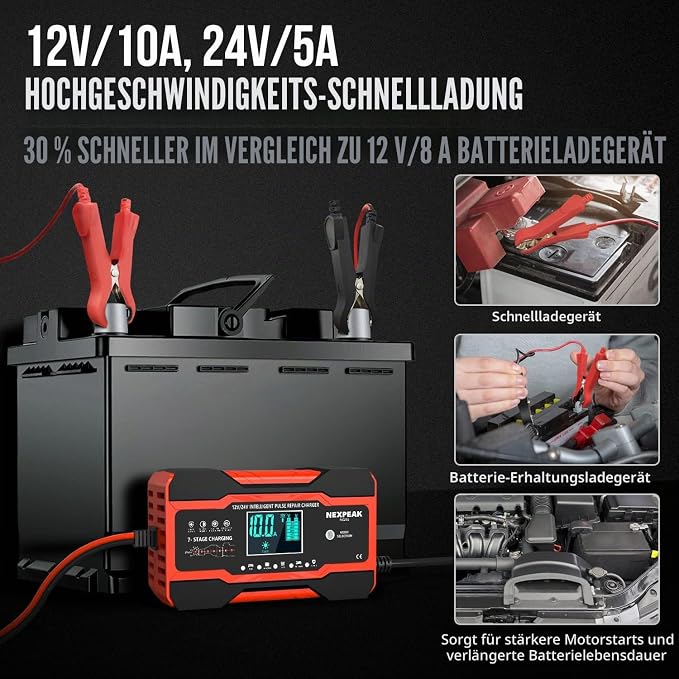 Bitrefill 10A smart car battery charger 12V/24V, red